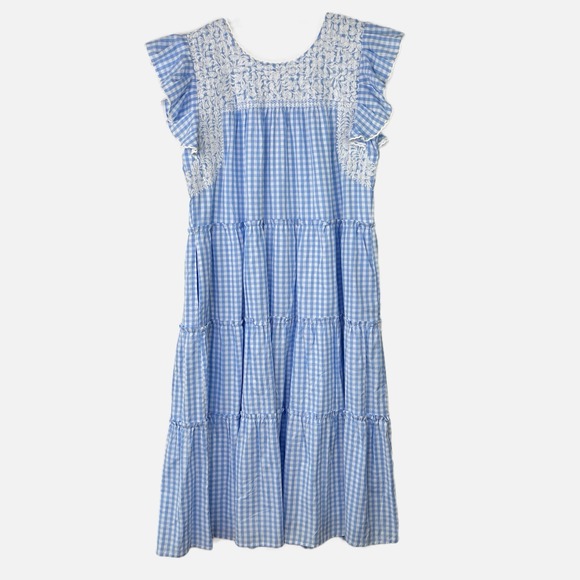 J. MARIE Blue Gingham Ruffle Sleeve Embroidered Beachy Tiered Midi Dress Size XL - Picture 2 of 9